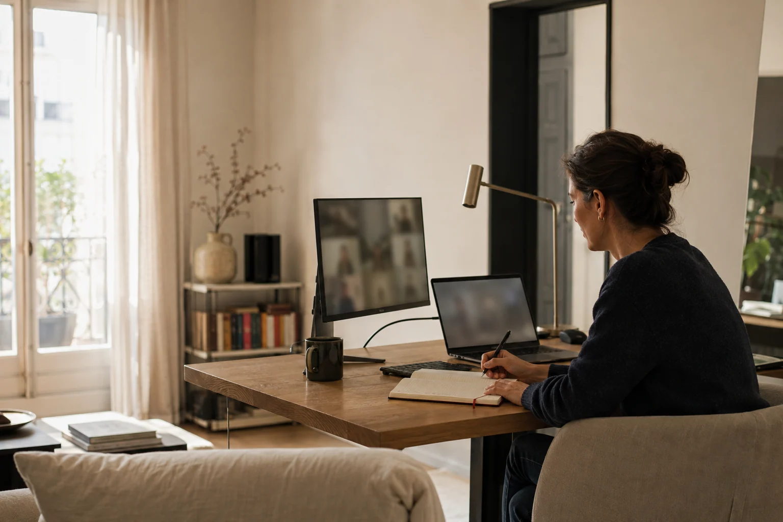 Une professionnelle travaille à distance depuis un intérieur calme